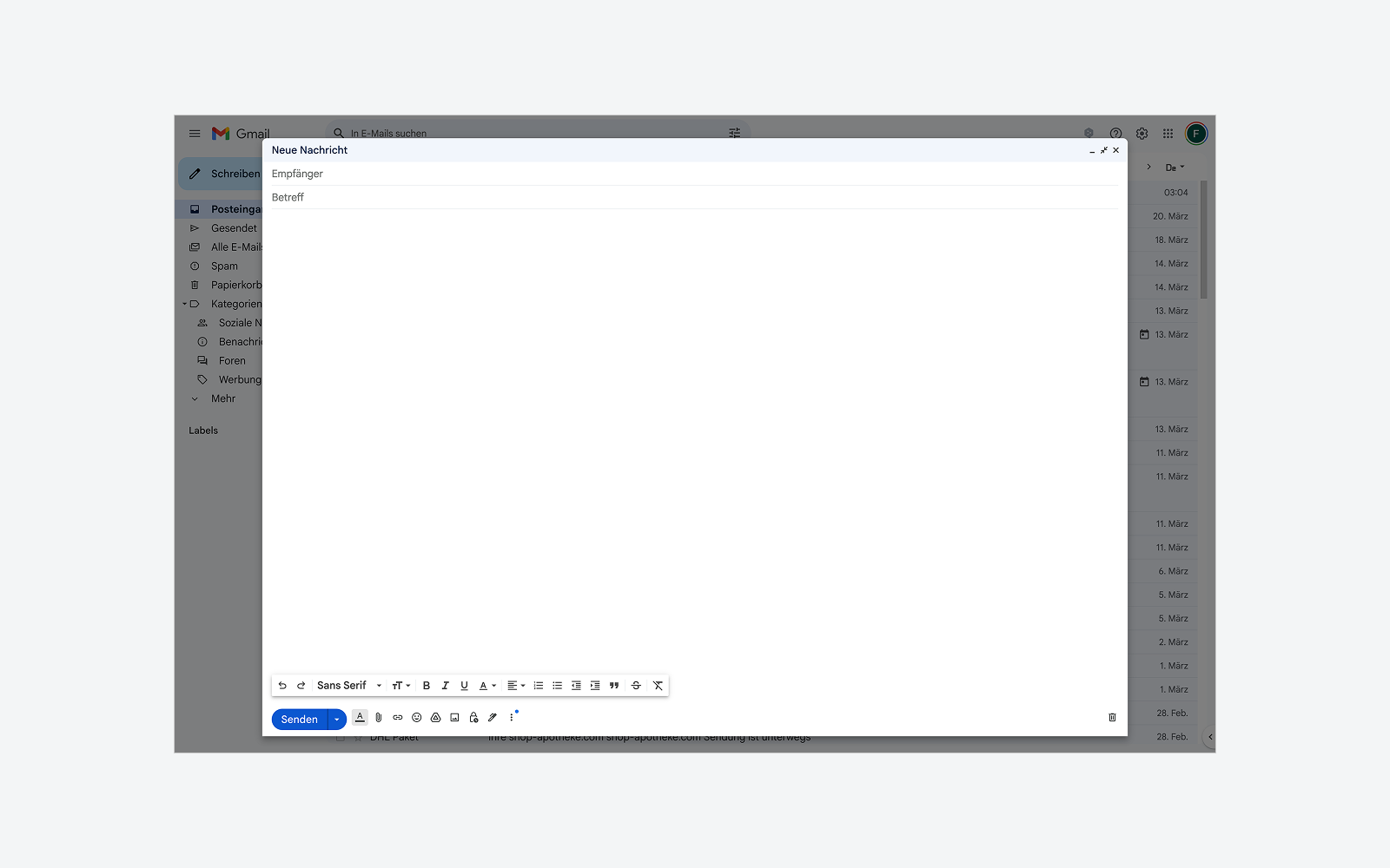 Das Bild zeigt das alte erstellen von E-Mails in Gmail, 2 von 2.